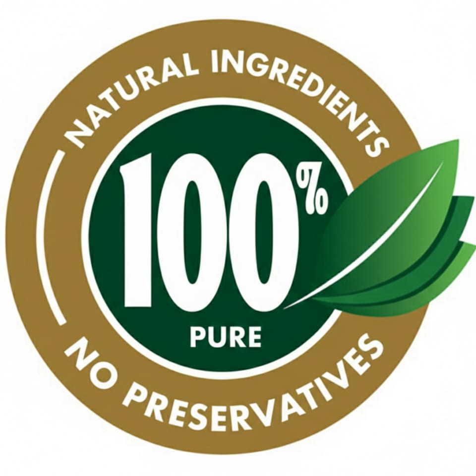 Round logo with "100% Pure, Natural Ingredients, No Preservatives" text and green leaves.
