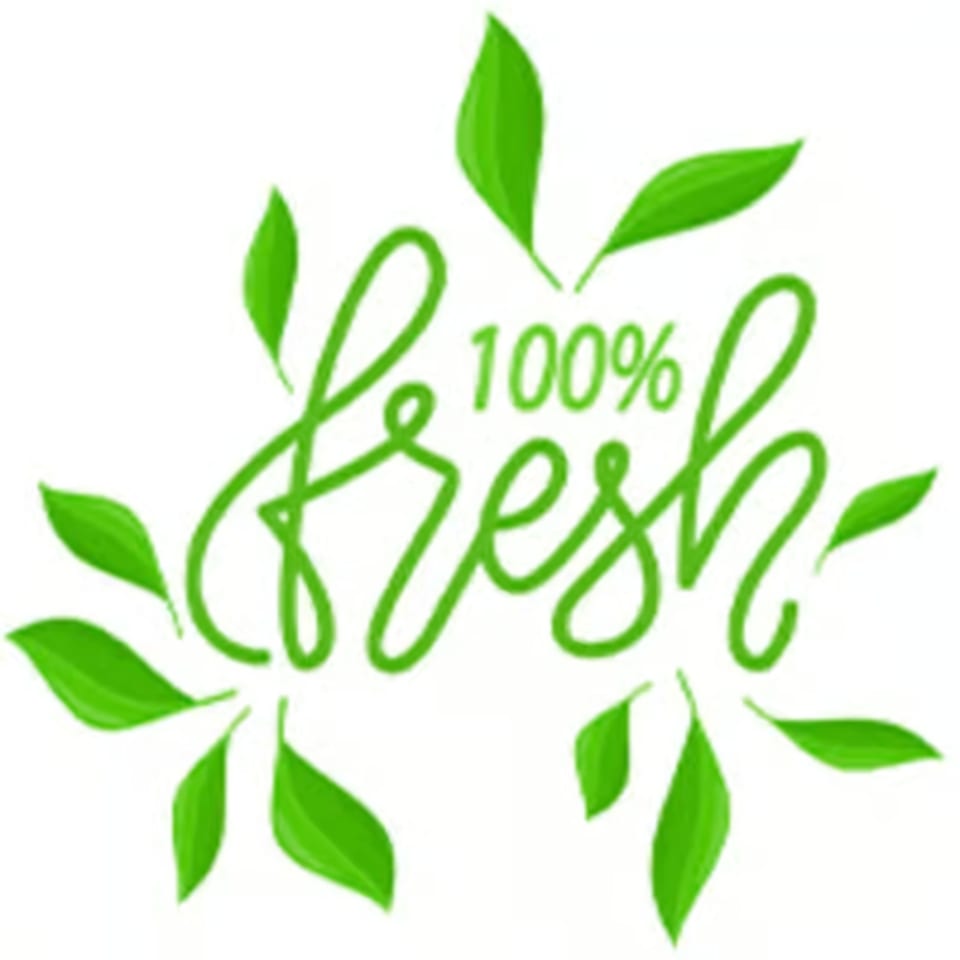 Green stylized text "100% fresh" with surrounding green leaves, on a white background.