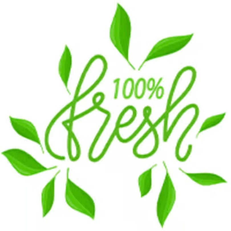 Green stylized text "100% fresh" with surrounding green leaves, on a white background.