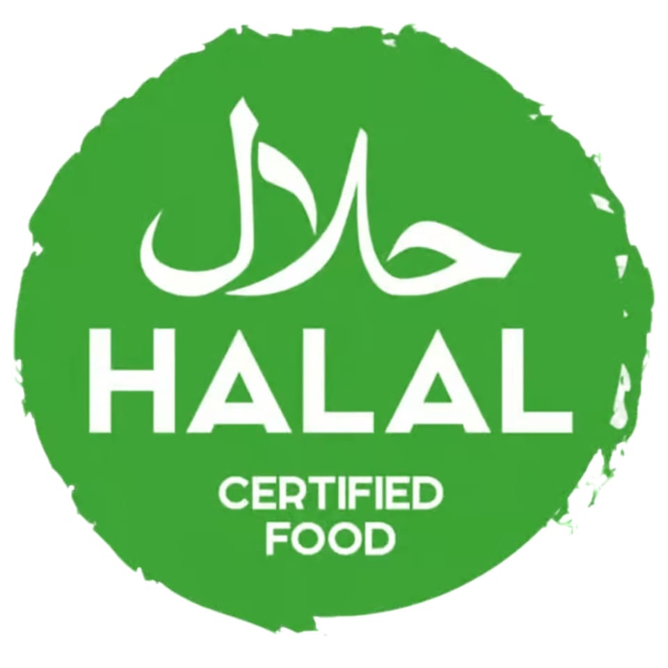 Green circular Halal Certified Food logo with Arabic script and English text.