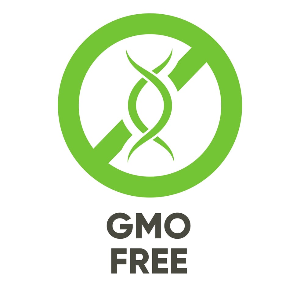 Green GMO-free icon with a crossed-out DNA helix and "GMO FREE" text below.