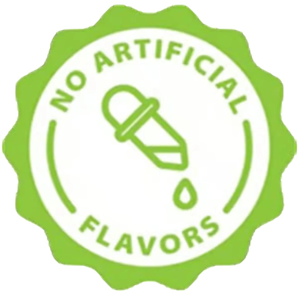 Green and white circular badge with "NO ARTIFICIAL FLAVORS" text and a dropper icon.