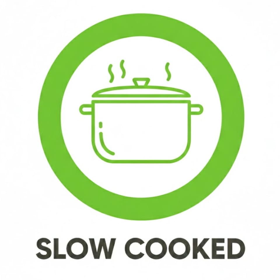 Green icon of a steaming pot in a circle, with "SLOW COOKED" text below.