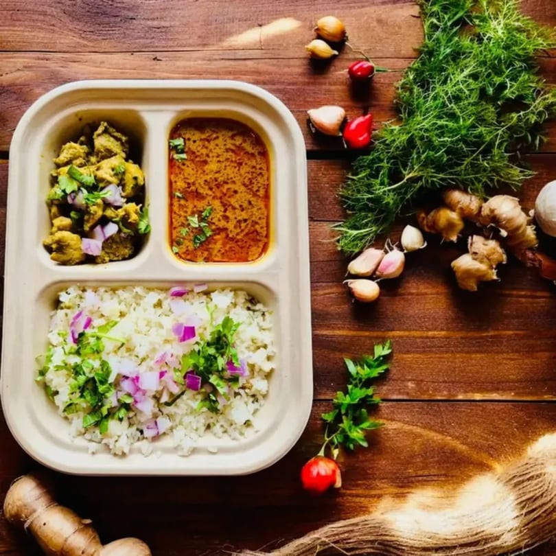 Indian meal with chicken curry, rice, and a side of curry in a divided container on a wooden table.